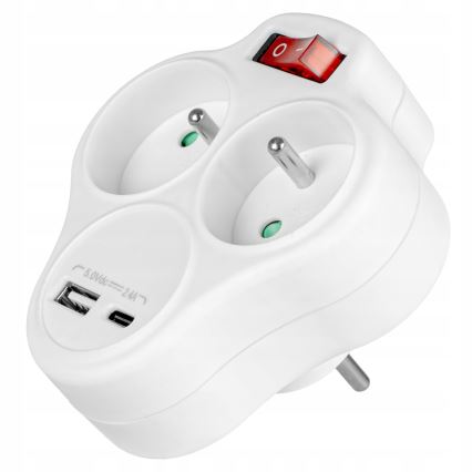 Multistikdåse med afbryder, 2 stikkontakter + USB-C + USB-A