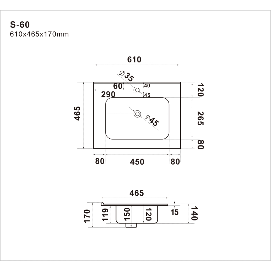 Nedfældet håndvask LILLESNAD 61x46cm keramisk/sort