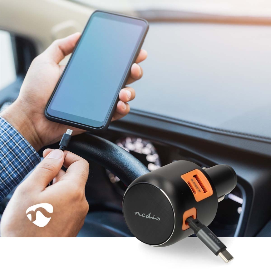 Biloplader med indtrækkeligt kabel, Power Delivery 30 W, 2 x USB-C + 1 x USB-A