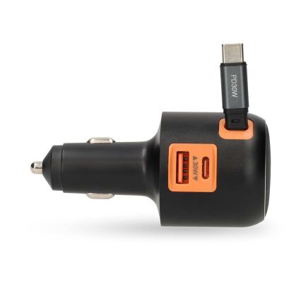 Biloplader med indtrækkeligt kabel, Power Delivery 30 W, 2 x USB-C + 1 x USB-A