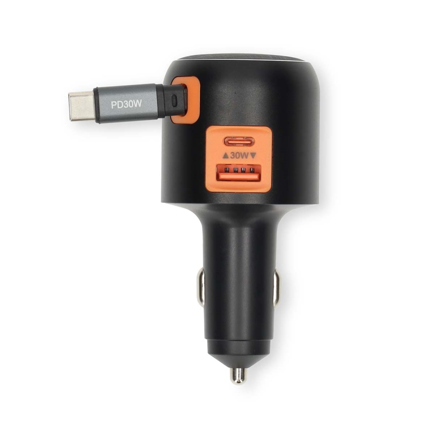 Biloplader med indtrækkeligt kabel, Power Delivery 30 W, 2 x USB-C + 1 x USB-A