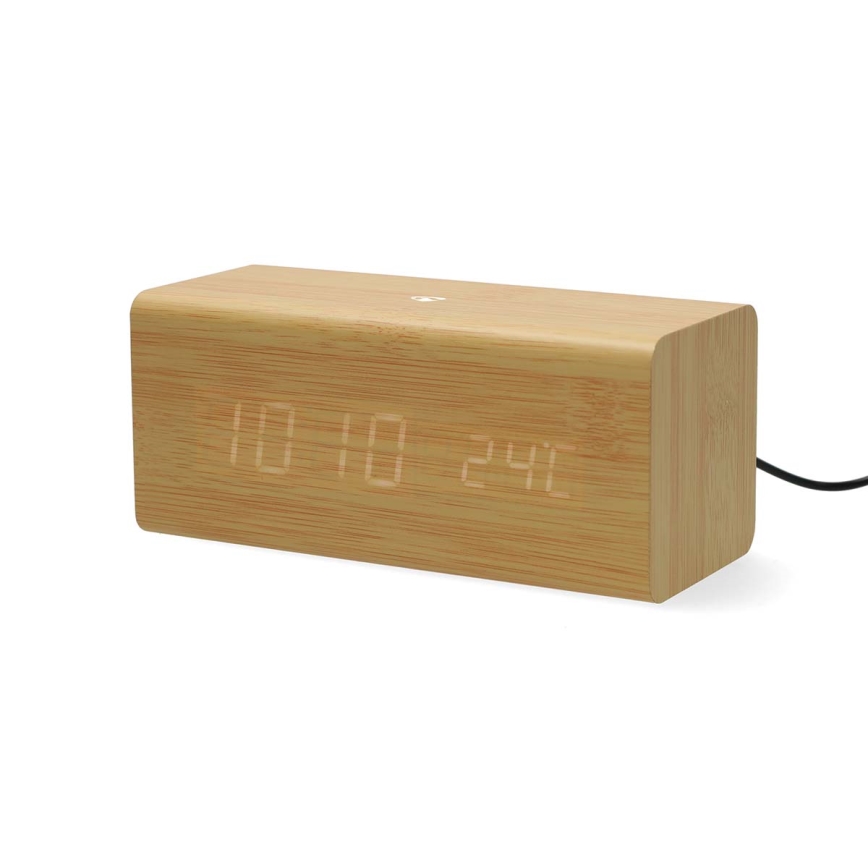 Digitalt vækkeur med LED-display og indbygget termometer 5V/1xCR2032 træ