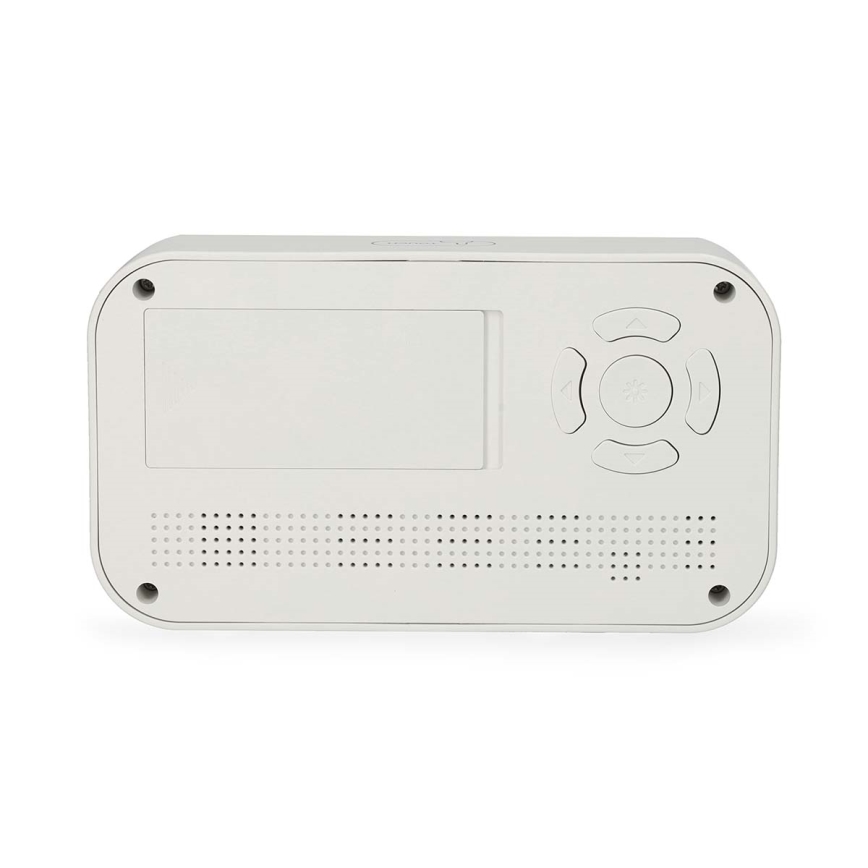 Digitalt ur med alarm, termometer og hygrometer, batteridrevet (2 x AA), hvid