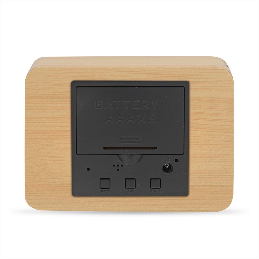 Digitalt vækkeur med LED-display og indbygget termometer, 5V/3xAAA, træ