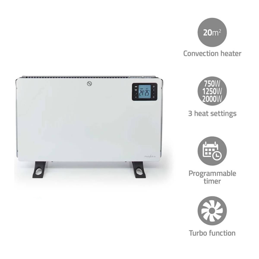 Elektrisk varmeovn/konvektor 750/1250/2000W/230V Wi-Fi Tuya + fjernbetjening