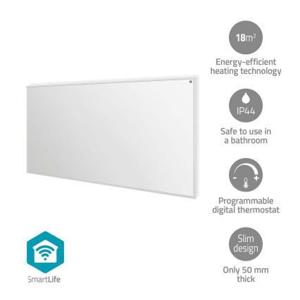 Infrarødt varmepanel 700 W/230 V, 120 x 62 cm, IP44, Tuya Wi‑Fi + fjernbetjening