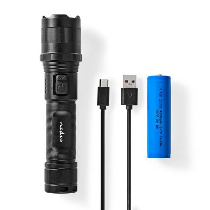 Dæmpbar genopladelig lommelygte i aluminium, LED/10W/5V, 2200 mAh, IPX4, sort