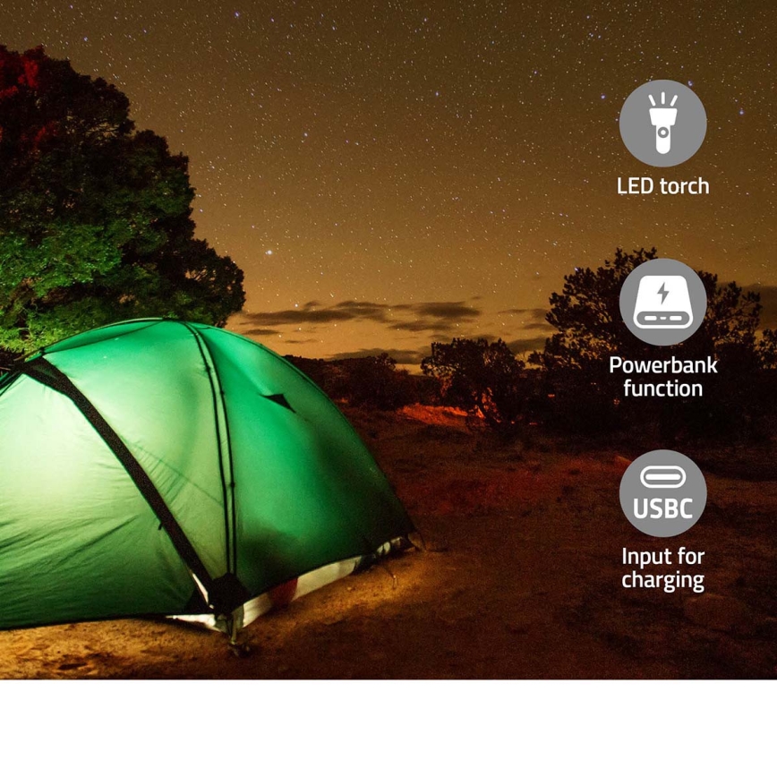 DAB+/FM-radio med håndsving, solcellepanel og LED-lommelygte 5V/2500 mAh, grøn/sort