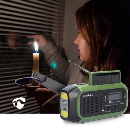DAB+/FM-radio med håndsving, solcellepanel og LED-lommelygte 5V/2500 mAh, grøn/sort