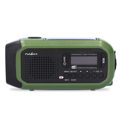 DAB+/FM-radio med håndsving, solcellepanel og LED-lommelygte 5V/2500 mAh, grøn/sort