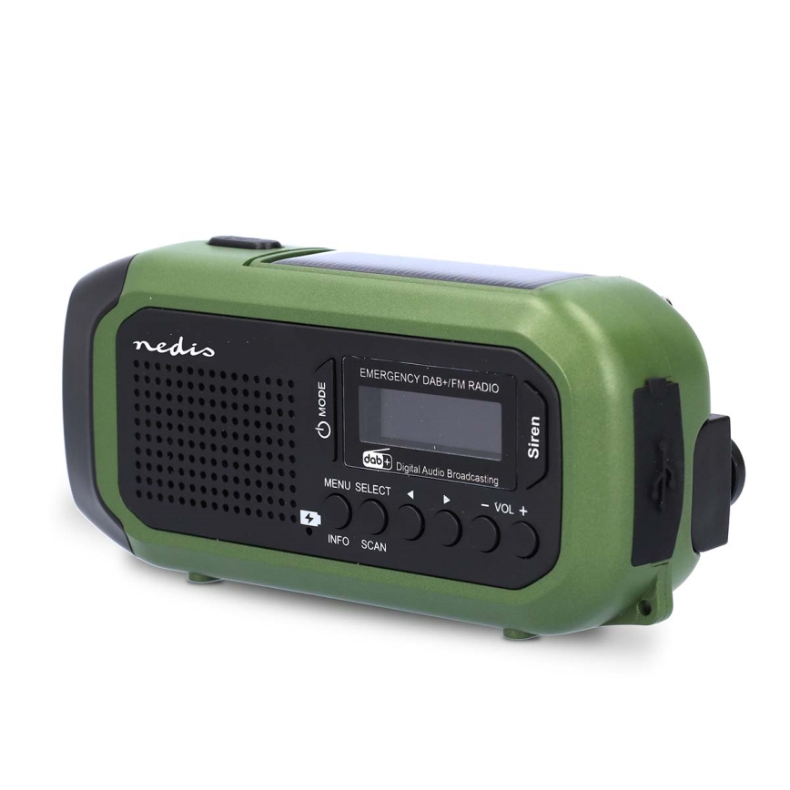 DAB+/FM-radio med håndsving, solcellepanel og LED-lommelygte 5V/2500 mAh, grøn/sort