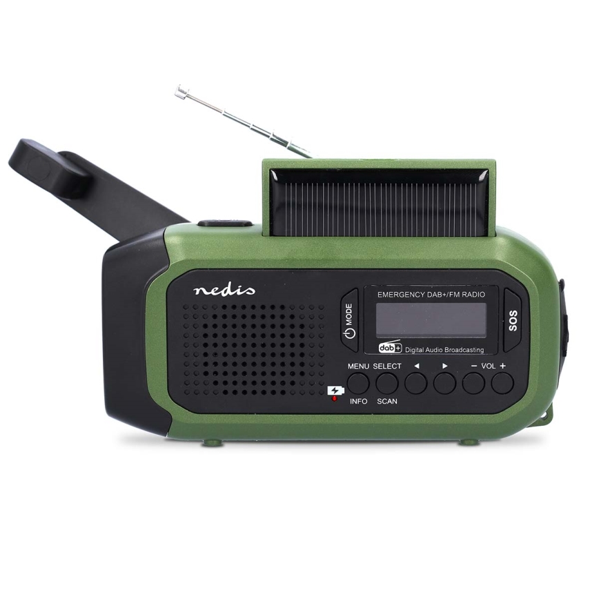 DAB+/FM-radio med håndsving, solcellepanel og LED-lommelygte 5V/2500 mAh, grøn/sort