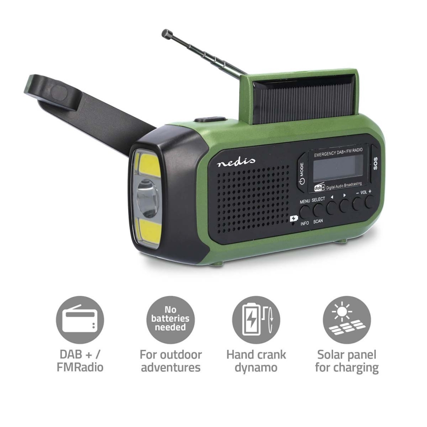 DAB+/FM-radio med håndsving, solcellepanel og LED-lommelygte 5V/2500 mAh, grøn/sort