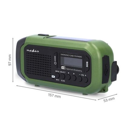 DAB+/FM-radio med håndsving, solcellepanel og LED-lommelygte 5V/2500 mAh, grøn/sort