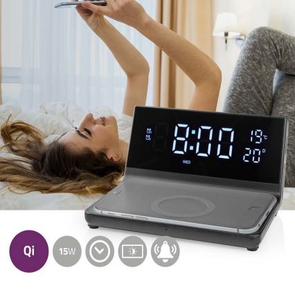 Vækkeur med LCD-display og trådløs oplader 15W/230V + 1xCR2032 sort