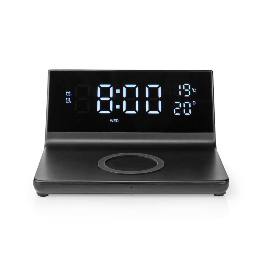 Vækkeur med LCD-display og trådløs oplader 15W/230V + 1xCR2032 sort
