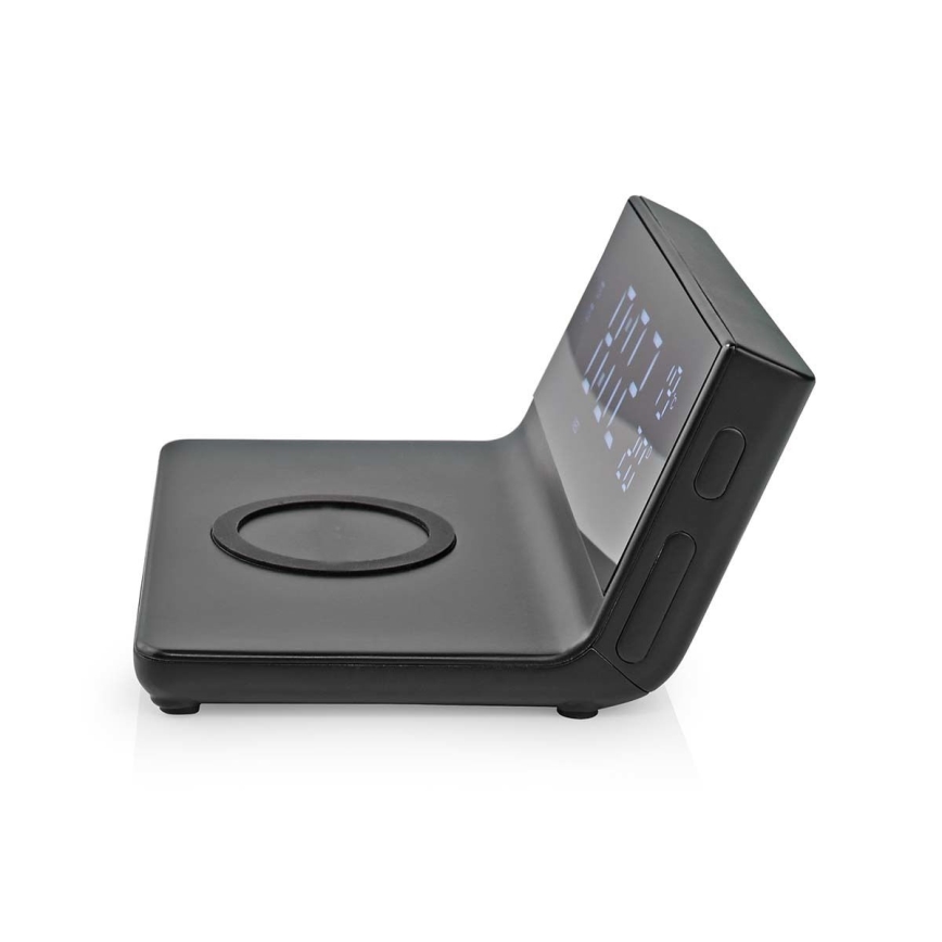 Vækkeur med LCD-display og trådløs oplader 15W/230V + 1xCR2032 sort