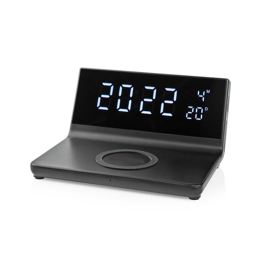 Vækkeur med LCD-display og trådløs oplader 15W/230V + 1xCR2032 sort