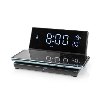 Vækkeur med LCD-display og trådløs oplader 15W/230V + 1xCR2032 sort