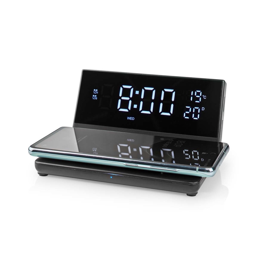 Vækkeur med LCD-display og trådløs oplader 15W/230V + 1xCR2032 sort