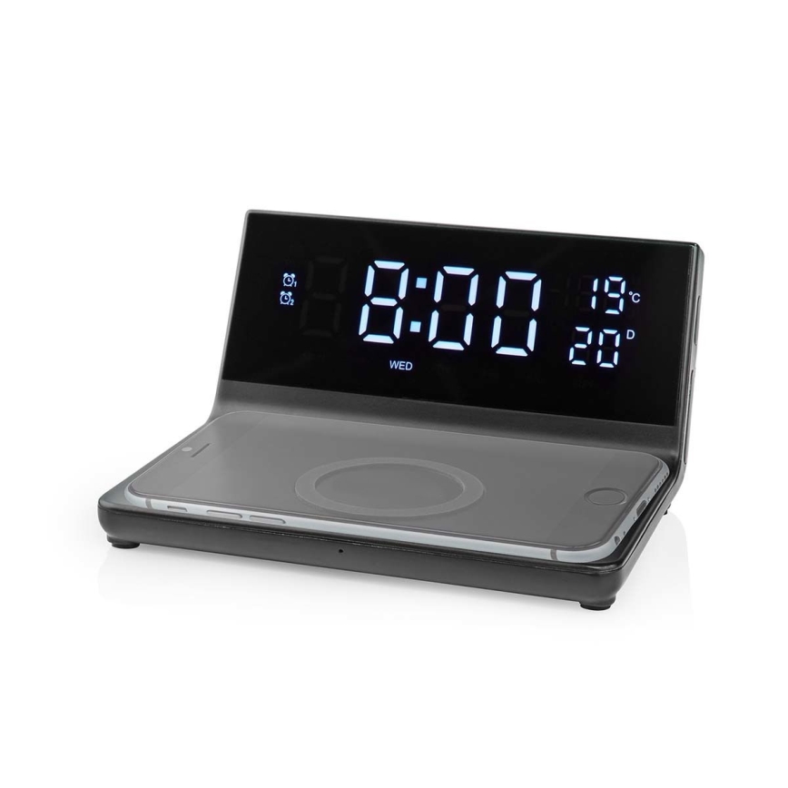 Vækkeur med LCD-display og trådløs oplader 15W/230V + 1xCR2032 sort