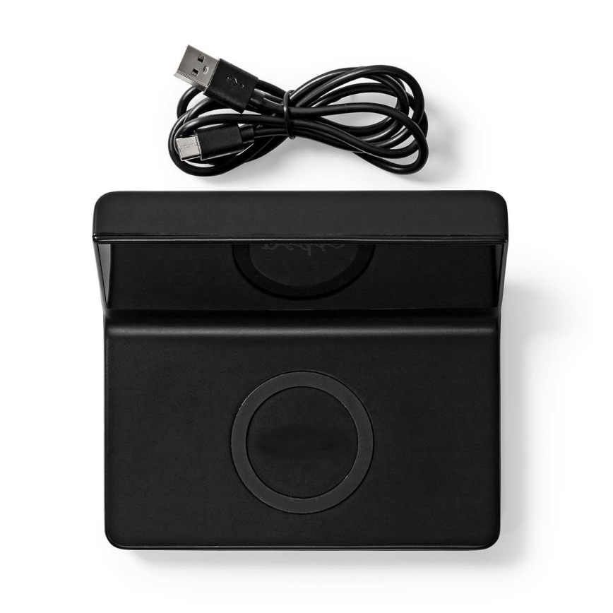 Vækkeur med LCD-display og trådløs oplader 15W/230V + 1xCR2032 sort
