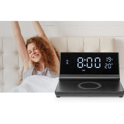 Vækkeur med LCD-skærm og trådløs oplader 15W/5V + 1xCR2032 sort