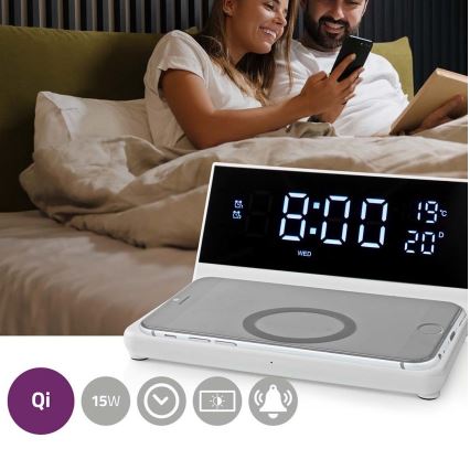 Vækkeur med LCD-display og trådløs oplader 15W/5V + 1xCR2032 hvid
