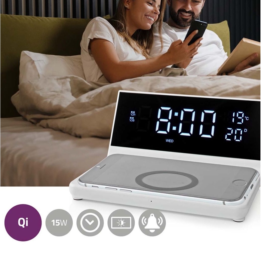 Vækkeur med LCD-display og trådløs oplader 15W/5V + 1xCR2032 hvid