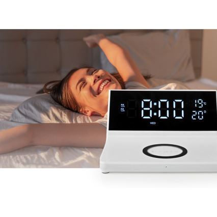 Vækkeur med LCD-display og trådløs oplader 15W/5V + 1xCR2032 hvid