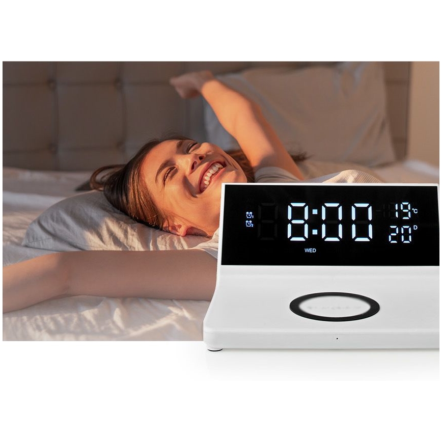 Vækkeur med LCD-display og trådløs oplader 15W/5V + 1xCR2032 hvid