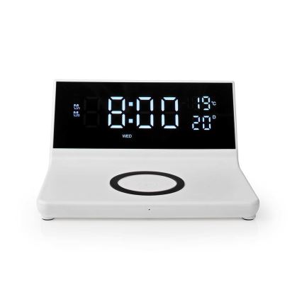 Vækkeur med LCD-display og trådløs oplader 15W/5V + 1xCR2032 hvid