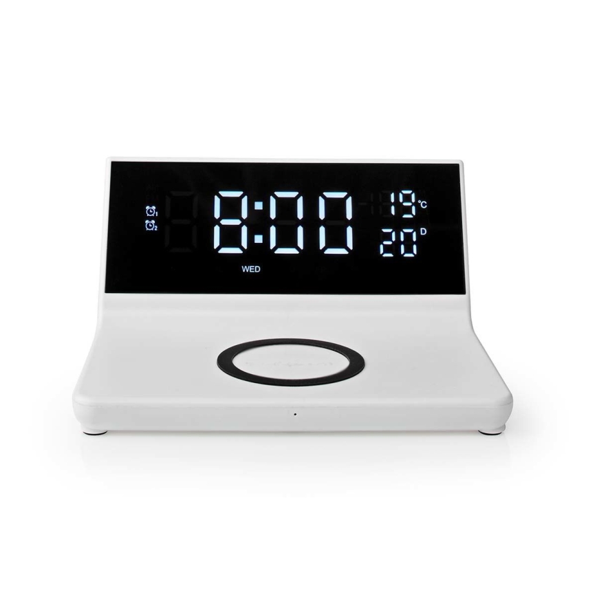 Vækkeur med LCD-display og trådløs oplader 15W/5V + 1xCR2032 hvid