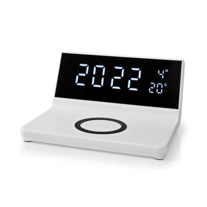 Vækkeur med LCD-display og trådløs oplader 15W/5V + 1xCR2032 hvid