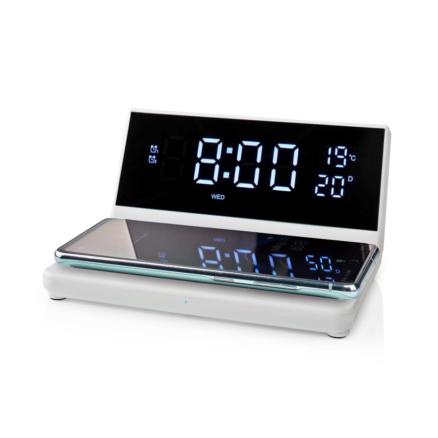 Vækkeur med LCD-display og trådløs oplader 15W/5V + 1xCR2032 hvid