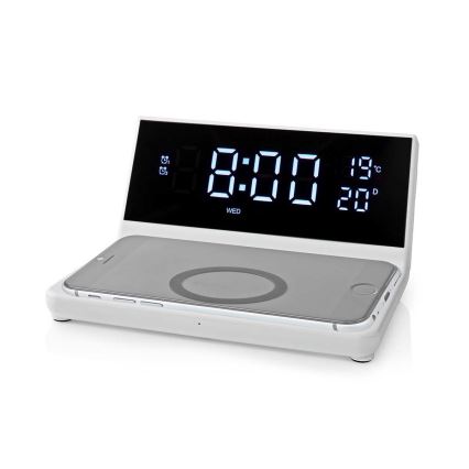 Vækkeur med LCD-display og trådløs oplader 15W/5V + 1xCR2032 hvid