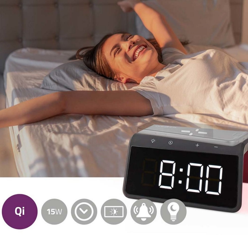 Vækkeur med LCD-display og trådløs oplader 15W/230V 1x CR2032 sort