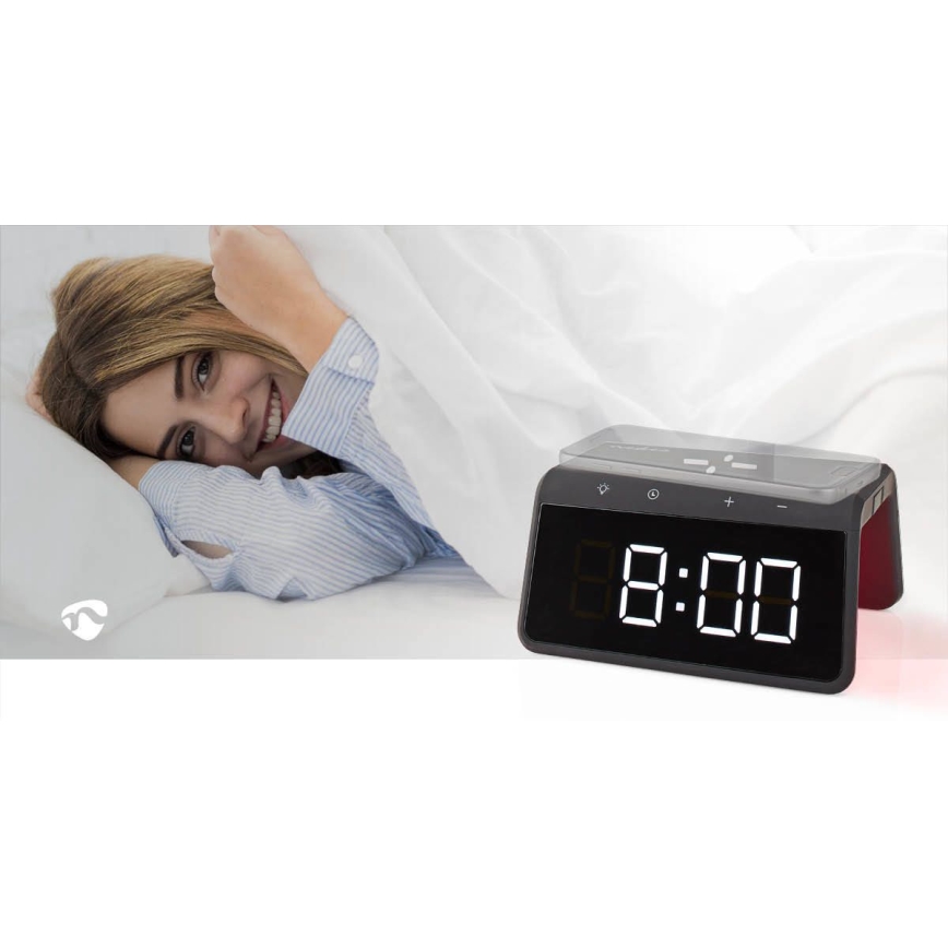 Vækkeur med LCD-display og trådløs oplader 15W/230V 1x CR2032 sort