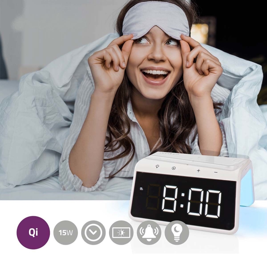 Vækkeur med LCD-display og trådløs oplader 15W/5V 1xCR2032 hvid