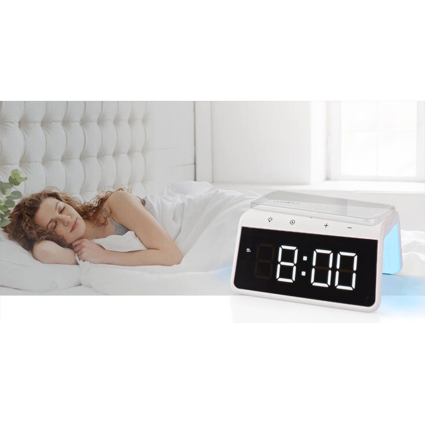 Vækkeur med LCD-display og trådløs oplader 15W/5V 1xCR2032 hvid