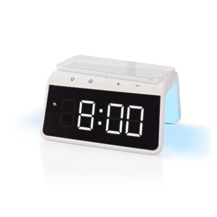 Vækkeur med LCD-display og trådløs oplader 15W/5V 1xCR2032 hvid