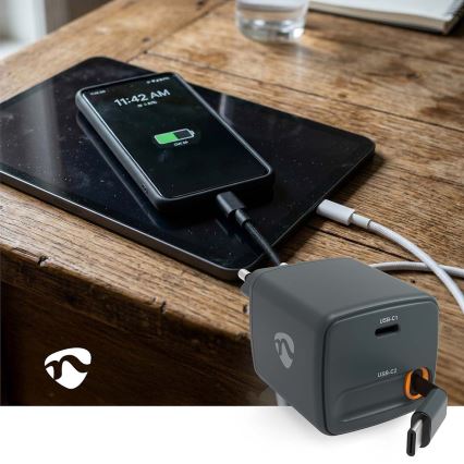30 W Power Delivery-oplader med indtrækkeligt kabel, 2x USB-C, sort