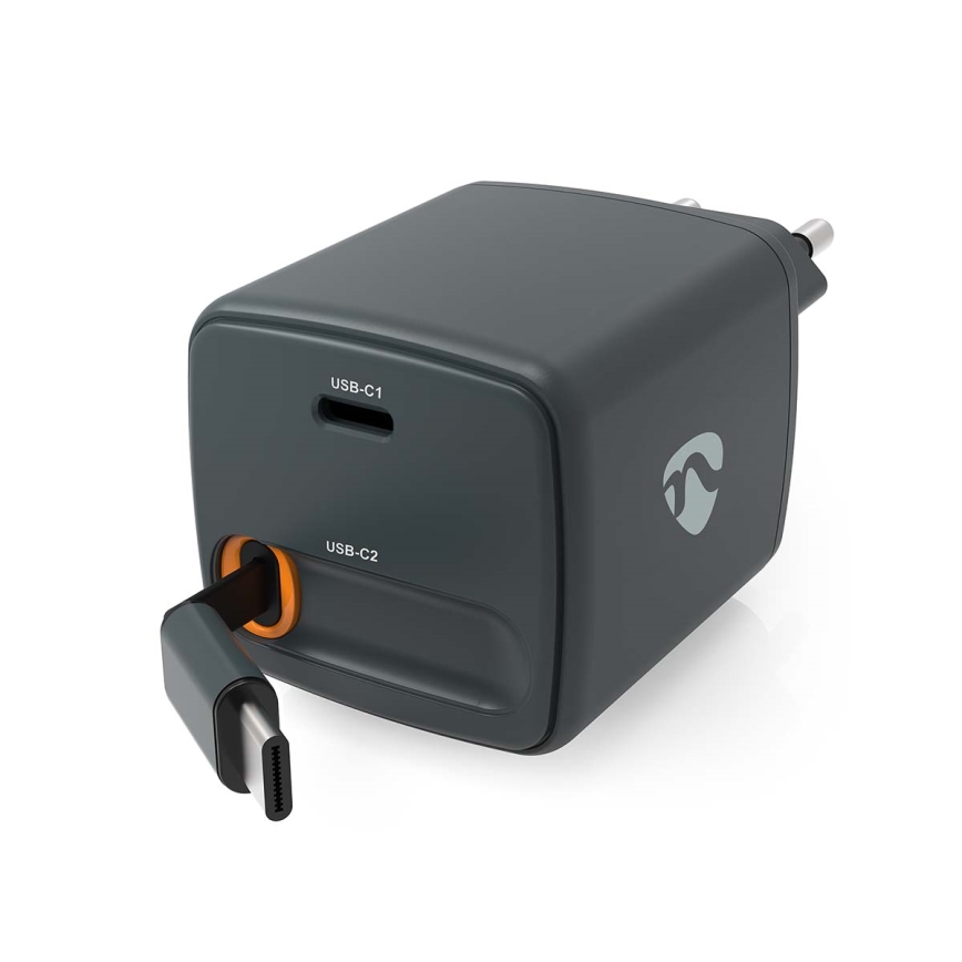 30 W Power Delivery-oplader med indtrækkeligt kabel, 2x USB-C, sort