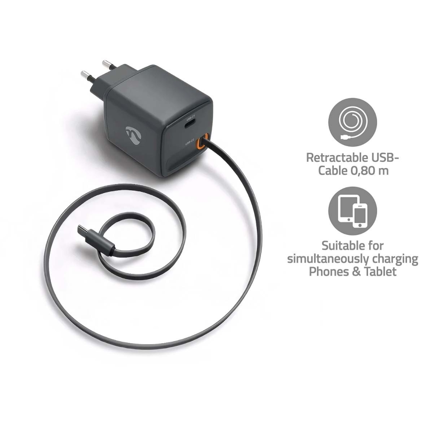 30 W Power Delivery-oplader med indtrækkeligt kabel, 2x USB-C, sort