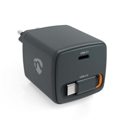 Oplader med indtrækkeligt kabel Power Delivery 65W 2x USB-C sort