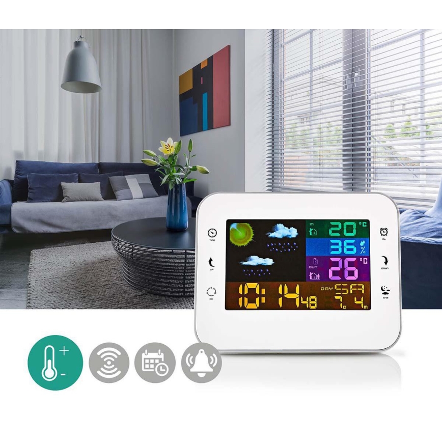 Vejrstation m. LCD-farvedisplay 230V/3xAAA + 2xAA hvid