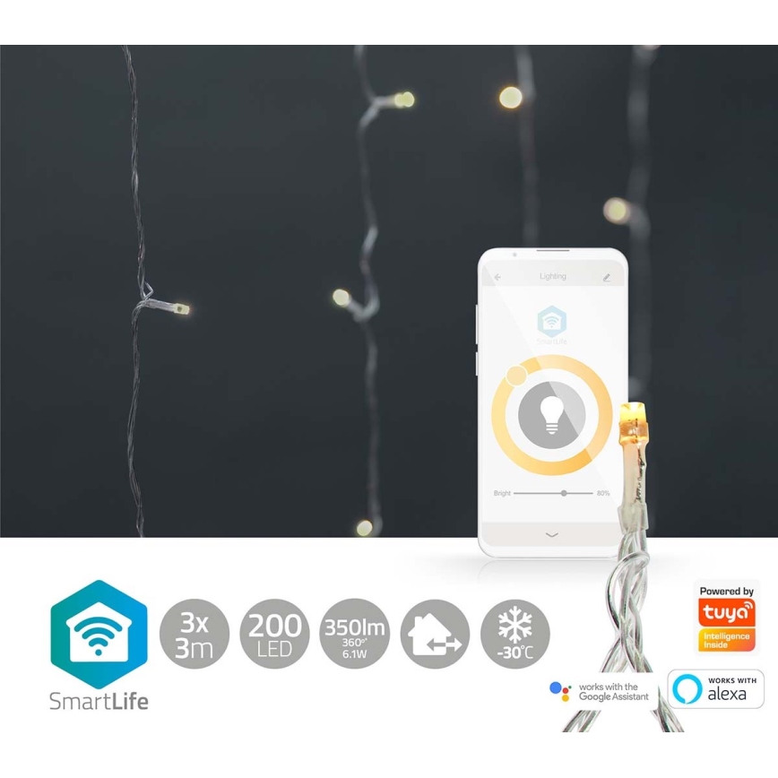LED lysgardin 200xLED/8 funktioner 6 m IP65 Wi-Fi Tuya varmt hvidt lys