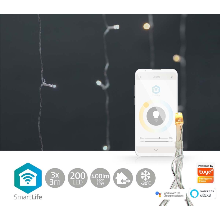 LED lysgardin 200xLED/11 funktioner 6 m IP65 Wi-Fi Tuya varm til kold hvid