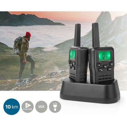 SÆT 2x Genopladelig walkie-talkie m. LED-lys 1300 mAh rækkevidde 10 km