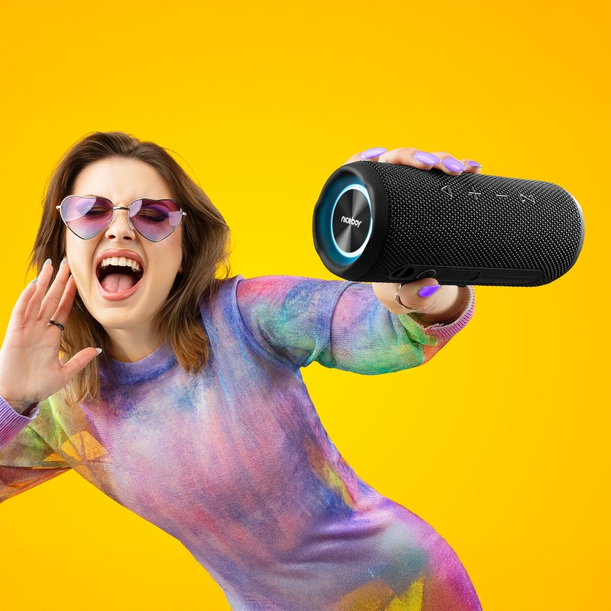 Niceboy Nexus - Trådløs LED højtaler med mikrofon 26W/4000 mAh IPX6 sort